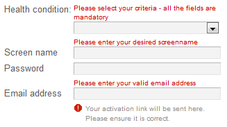 screenshot showing errors highlighted on registration form